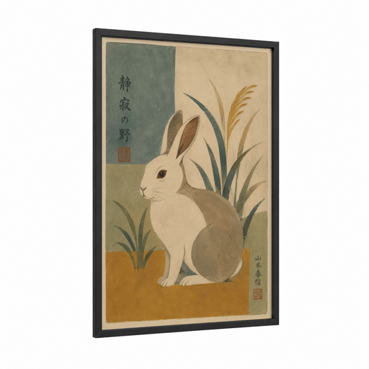 Japanese Rabbit With Grass Wall Art framed art print — black wood frame — beige and olive palette