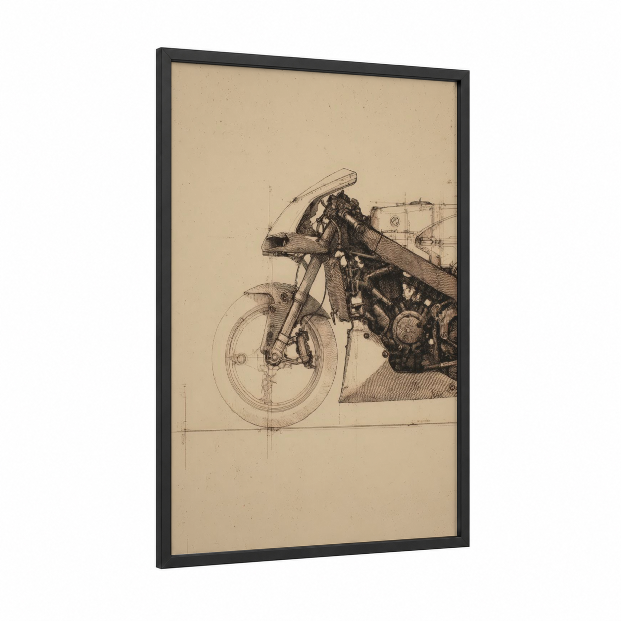 Engineering Vintage Motorcycle framed art print — black wood frame — beige and black and white palette