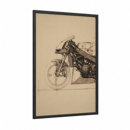 Engineering Vintage Motorcycle framed art print — black wood frame — beige and black and white palette