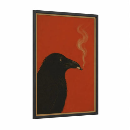 Smoking Raven Orange Background Wall Art framed crows and ravens print — black wood frame — orange and black palette