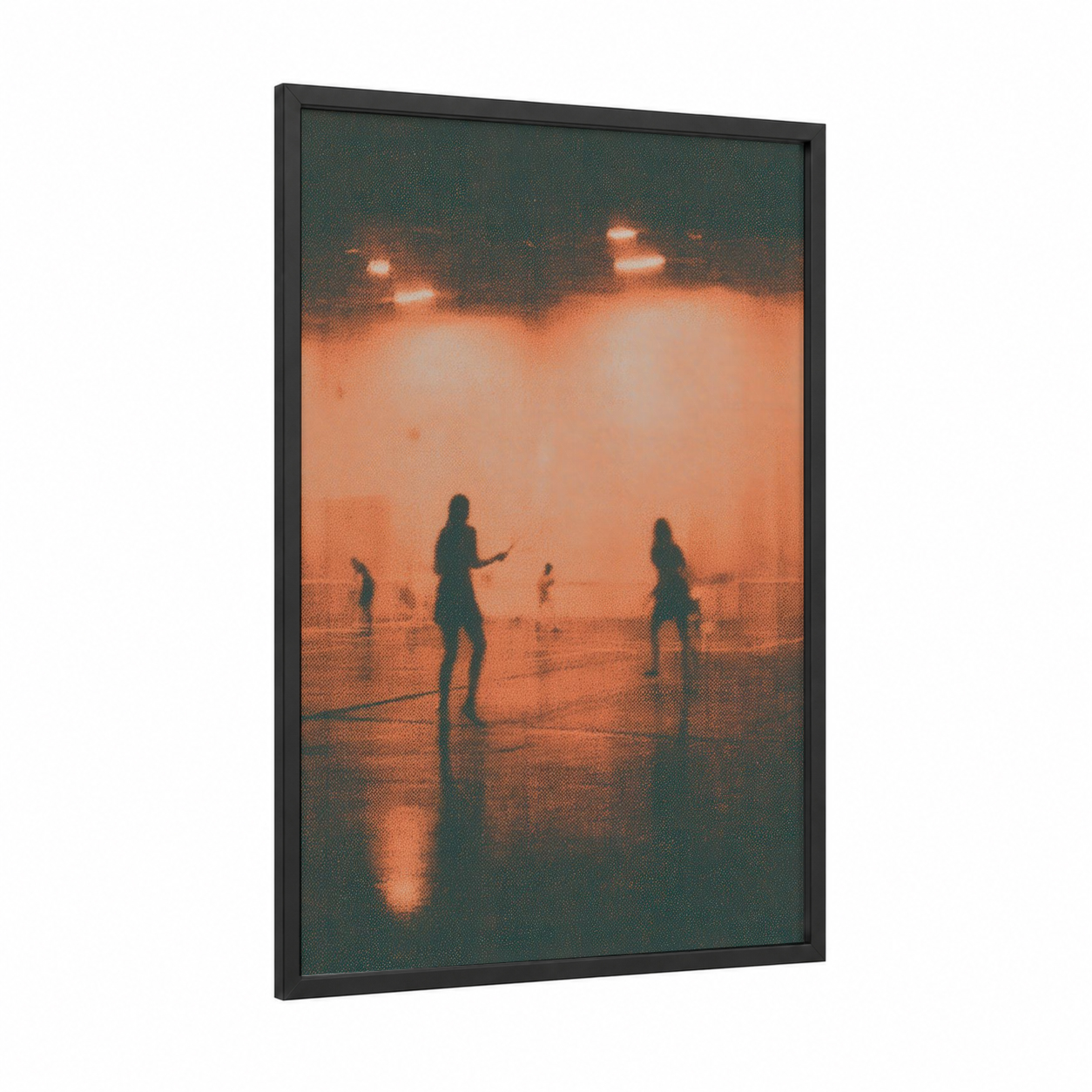 Sunset Racquetball framed art print — black wood frame — orange and dark blue palette