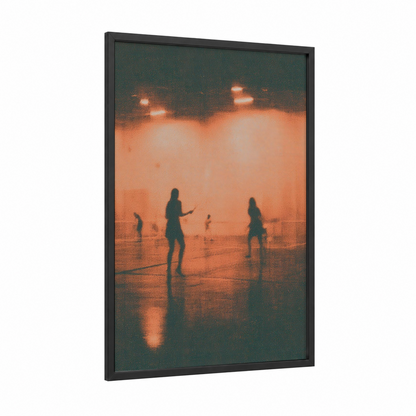 Sunset Racquetball framed art print — black wood frame — orange and dark blue palette