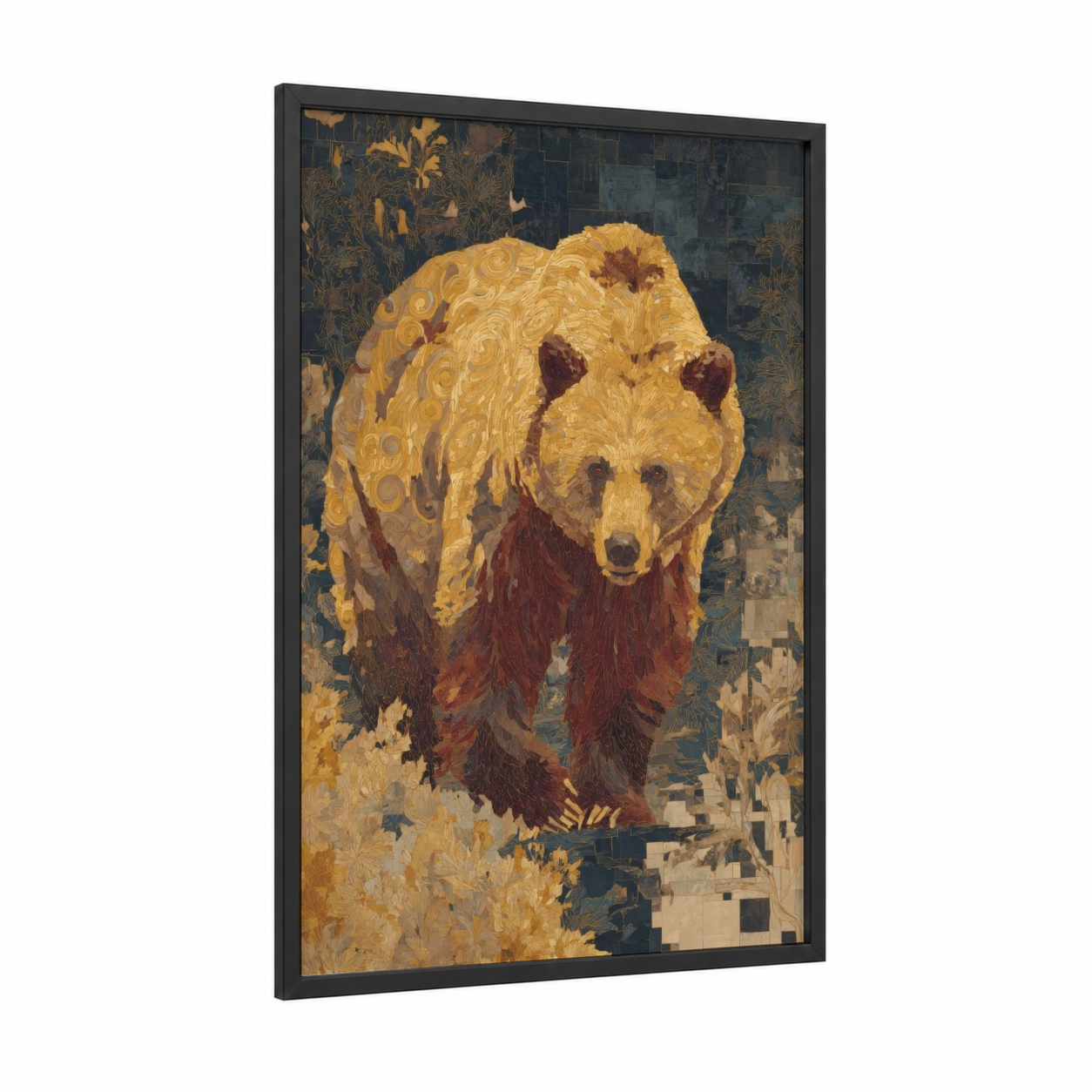 Golden Grizzly framed grizzly bear print — black wood frame — gold and maroon palette