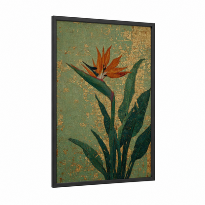 Crimson Bird Paradise framed birds of paradise print — black wood frame — gold and teal palette