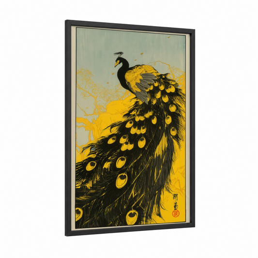 Golden Peacock framed art print — black wood frame — yellow gold and black and white palette