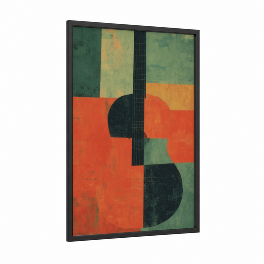 Retro Guitar framed acoustic guitar print — black wood frame — true green and orange palette