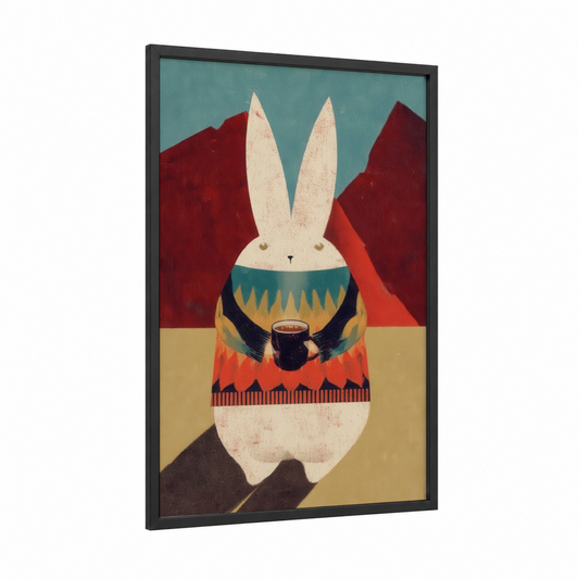 Cozy Rabbit framed art print — black wood frame — teal and russet palette