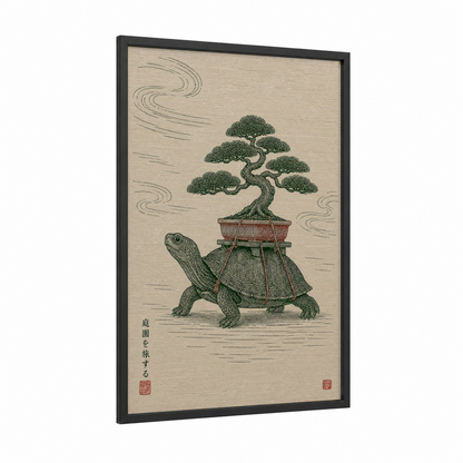 Japanese Bonsai Turtle Wall Art framed bonsai tree print — black wood frame — beige and true green palette