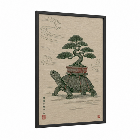 Japanese Bonsai Turtle Wall Art framed bonsai tree print — black wood frame — beige and true green palette
