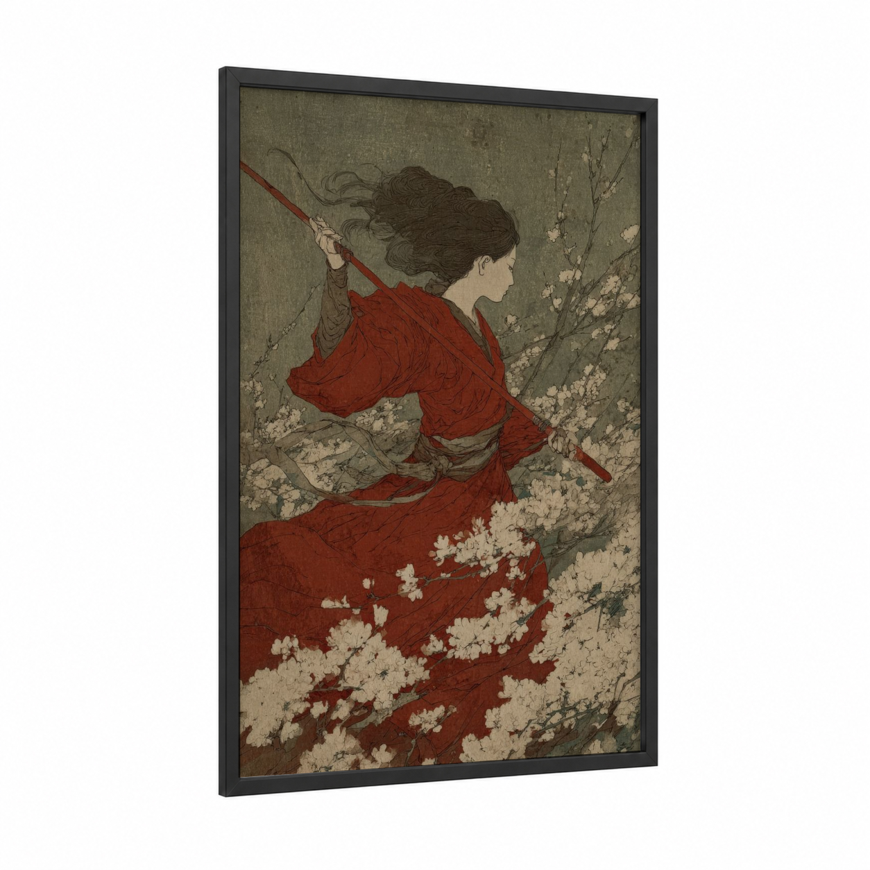 Red Warrior framed kung fu print — black wood frame — red and sage green palette