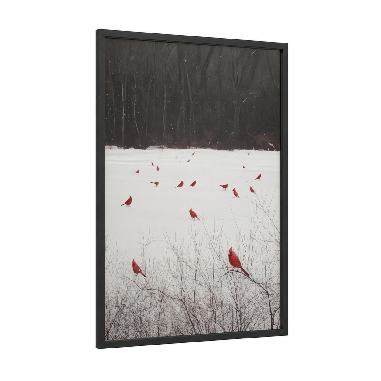 Snowy Cardinals framed art print — black wood frame — white and red palette
