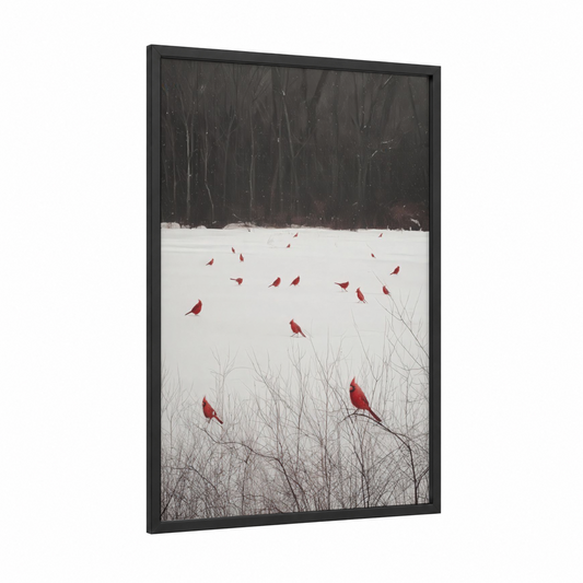 Snowy Cardinals framed art print — black wood frame — white and red palette