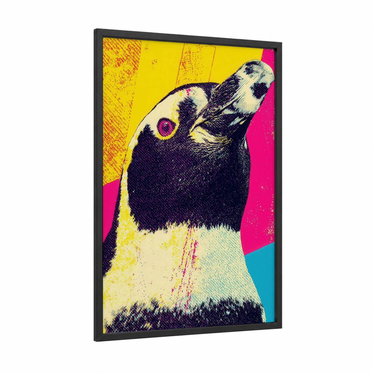 Pop Art Penguin framed art print — black wood frame — magenta and yellow gold palette