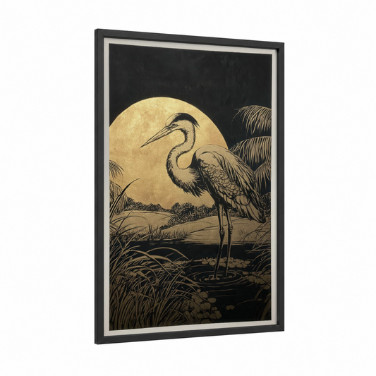 Moonlit Heron framed art print — black wood frame — black and gold and cream palette