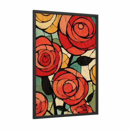 Vibrant Rose Garden framed roses print — black wood frame — red and gold palette