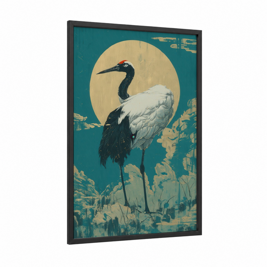 Moonlit Crane framed art print — black wood frame — teal and cream palette