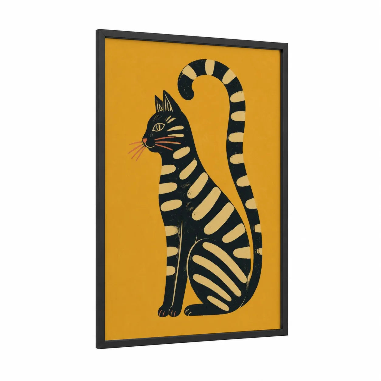 Striped Feline Geometric Wall Art framed cat print — black wood frame — yellow gold and black and white palette