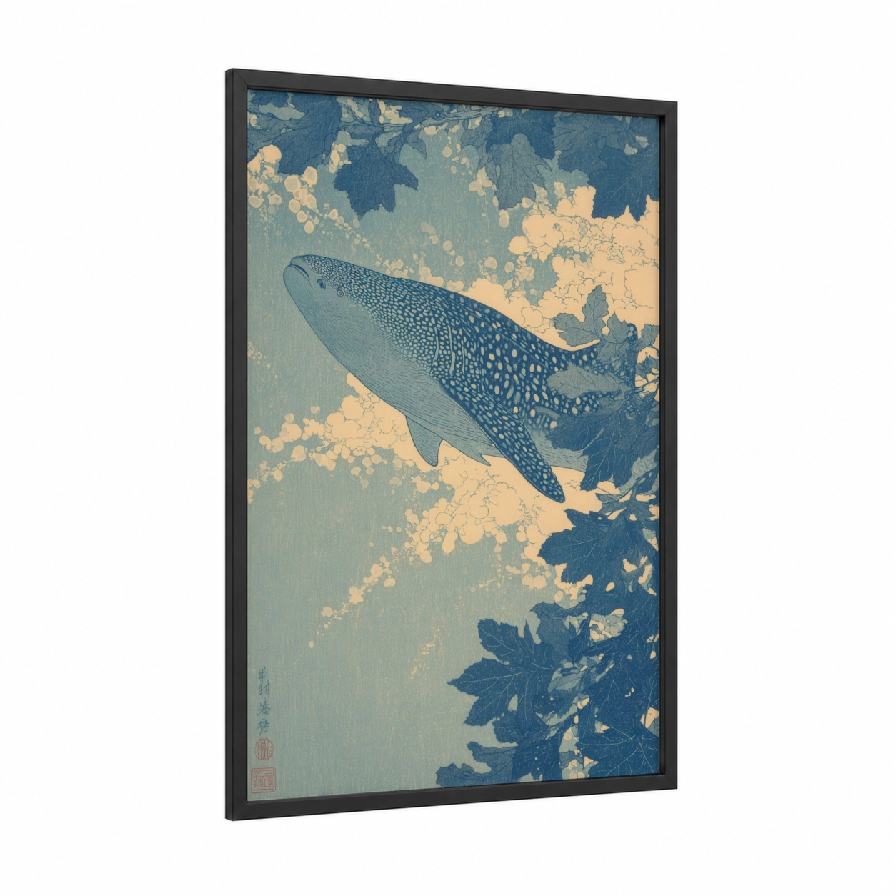 Spotted Whale Shark framed art print — black wood frame — blue and cream palette