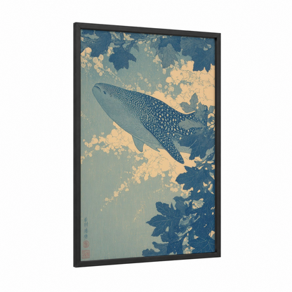 Spotted Whale Shark framed art print — black wood frame — blue and cream palette