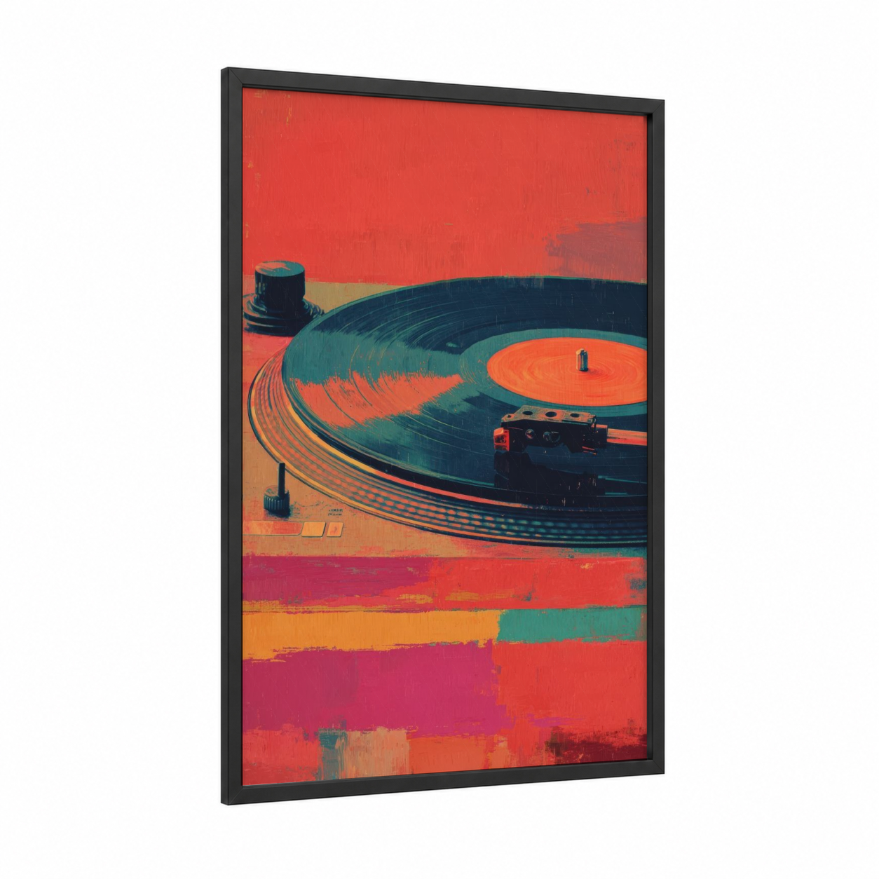 Retro Turntable framed vinyl records print — black wood frame — red and teal palette