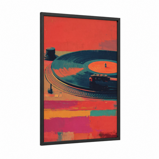 Retro Turntable framed vinyl records print — black wood frame — red and teal palette