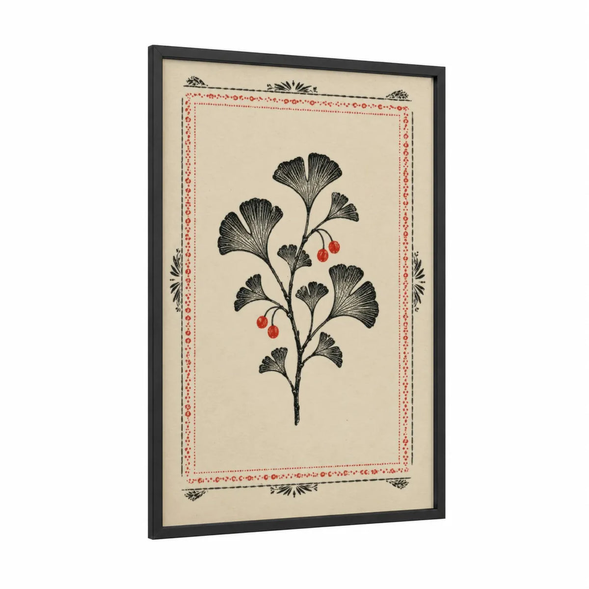 Ginkgo Branch With Berries Wall Art framed plant print — black wood frame — black and white and red palette