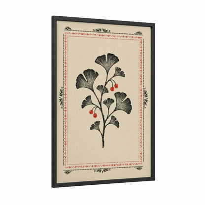 Ginkgo Branch With Berries Wall Art framed plant print — black wood frame — black and white and red palette