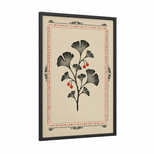 Ginkgo Branch With Berries Wall Art framed plant print — black wood frame — black and white and red palette