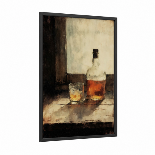 Amber Whiskey framed art print — black wood frame — brown and cream palette