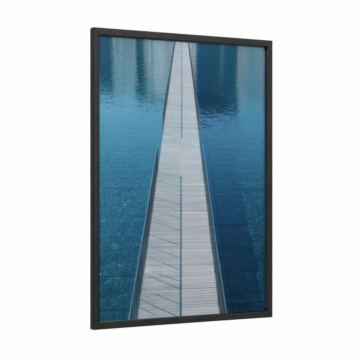 Endless Dock framed bridges print — black wood frame — blue and white and turquoise palette