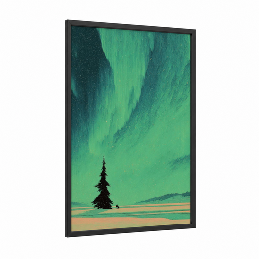 Aurora Christmas Tree framed art print — black wood frame — true green and dark blue palette