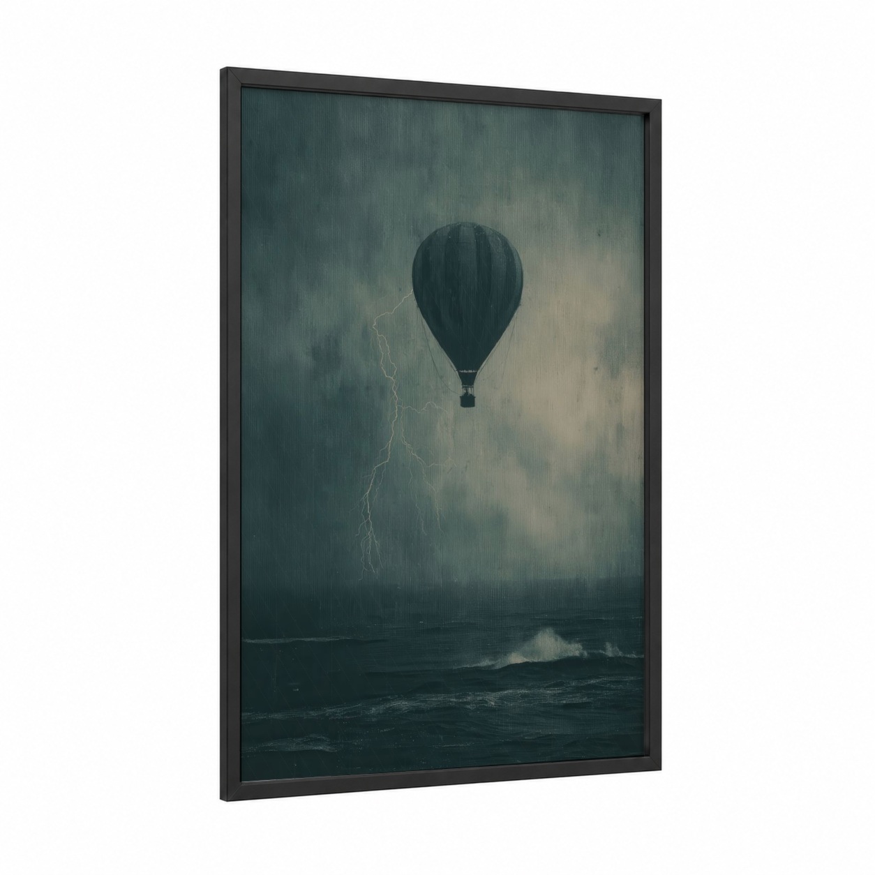 Stormy Ascent framed hot air baloon print — black wood frame — dark blue and gray palette