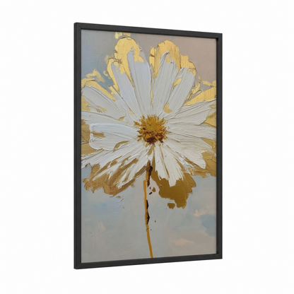 Golden Daisy framed abstract flower print — black wood frame — gold and white palette