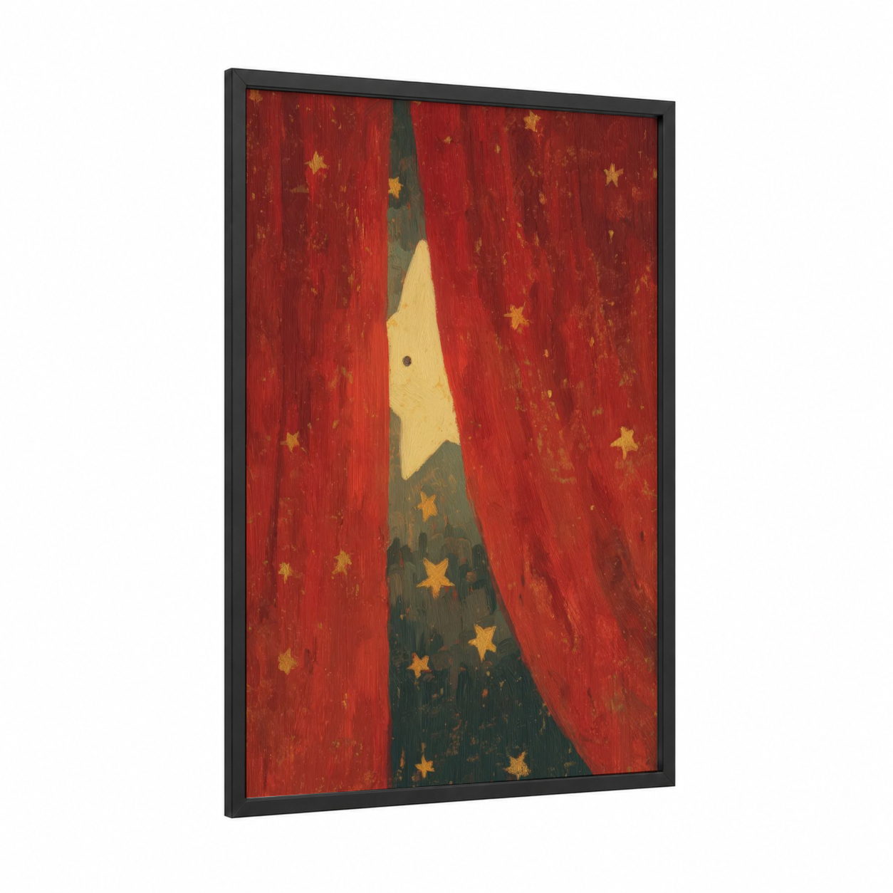 Celestial Dreamer framed star print — black wood frame — red and gold palette