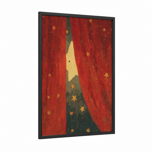 Celestial Dreamer framed star print — black wood frame — red and gold palette