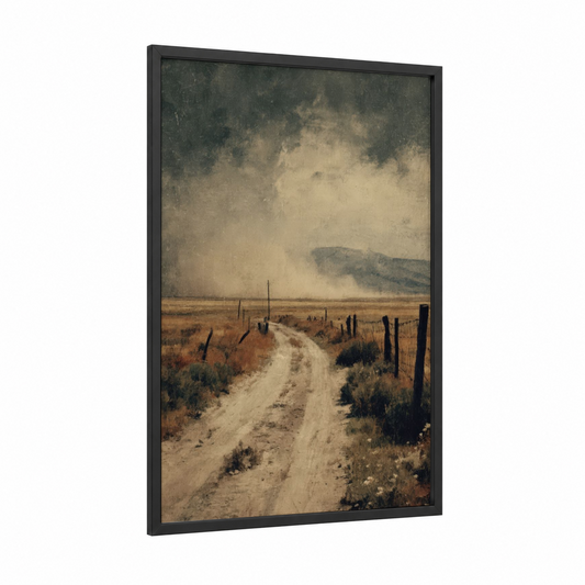 Desert Road Rising framed road and highways print — black wood frame — beige and gray palette