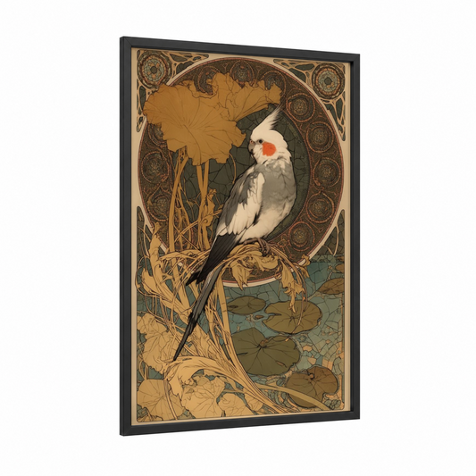 Cockatiel Botanical framed art print — black wood frame — gold and cream palette
