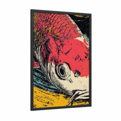 Crimson Koi Portrait framed koi fish print — black wood frame — red and gold palette