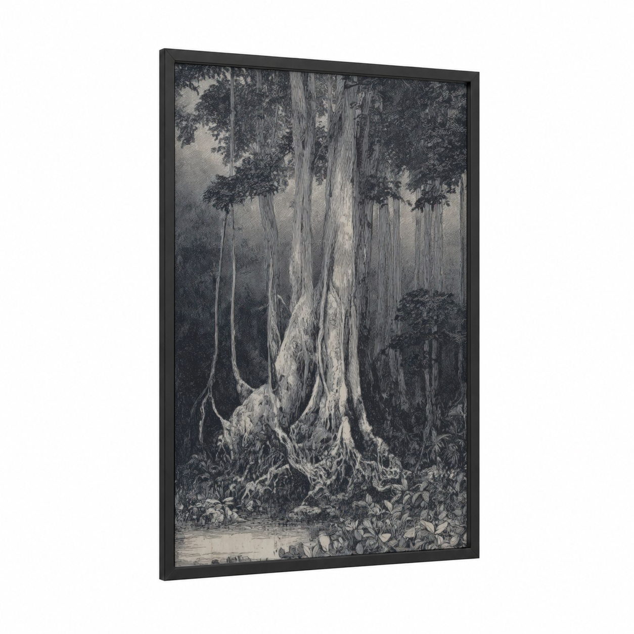 Ancient Banyan Tree framed art print — black wood frame — black and white and gray palette