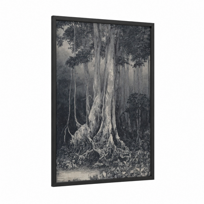 Ancient Banyan Tree framed art print — black wood frame — black and white and gray palette