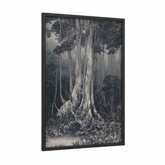 Ancient Banyan Tree framed art print — black wood frame — black and white and gray palette