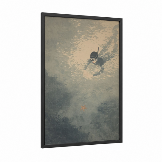 Underwater Explorer framed snorkeling print — black wood frame — blue and beige palette