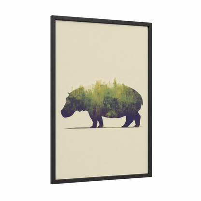Forest Hippo framed art print — black wood frame — cream and dark green palette
