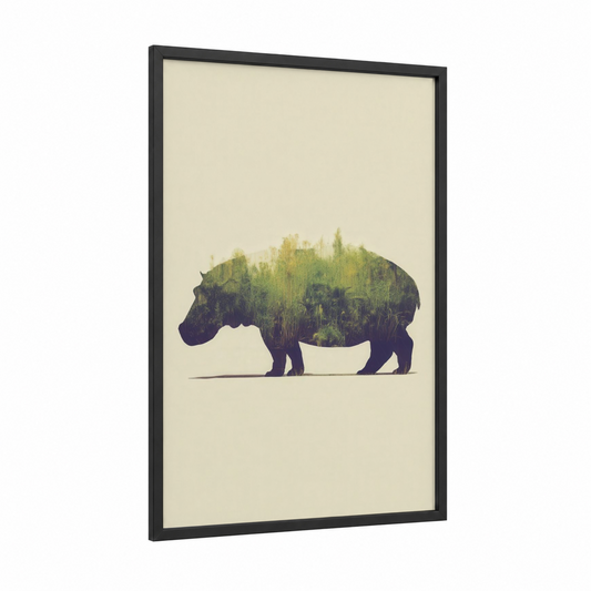 Forest Hippo framed art print — black wood frame — cream and dark green palette