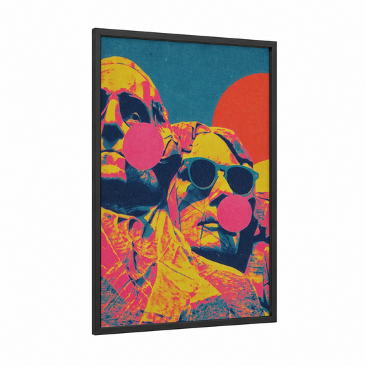 Neon Window Duo framed art print — black wood frame — yellow gold and magenta palette
