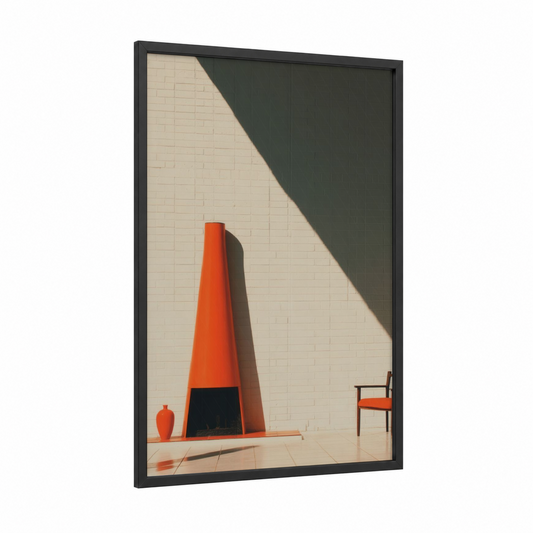 Crimson Modern Fireplace framed art print — black wood frame — red and beige palette