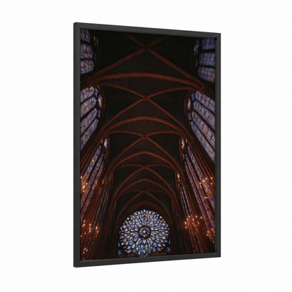 Gothic Cathedral Vault framed art print — black wood frame — blue and russet palette
