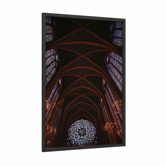 Gothic Cathedral Vault framed art print — black wood frame — blue and russet palette