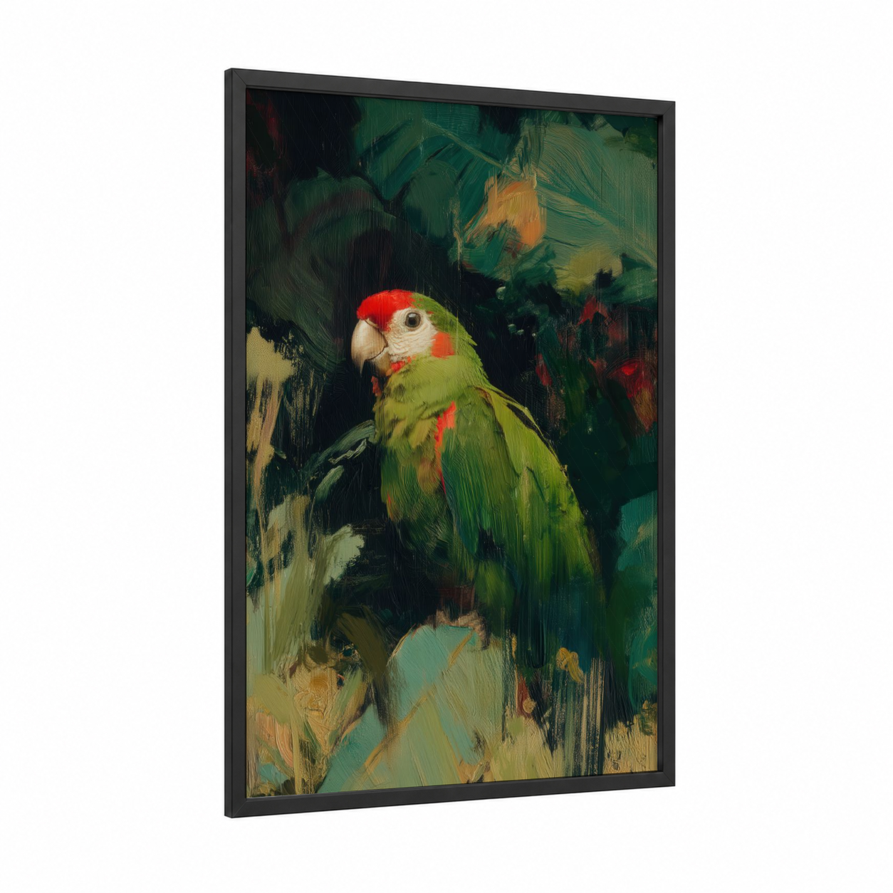 Emerald Parrot framed safari parrots print — black wood frame — true green and gold palette