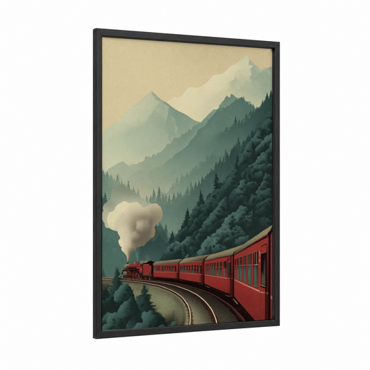 Mountain Express framed train print — black wood frame — sage green and cream palette